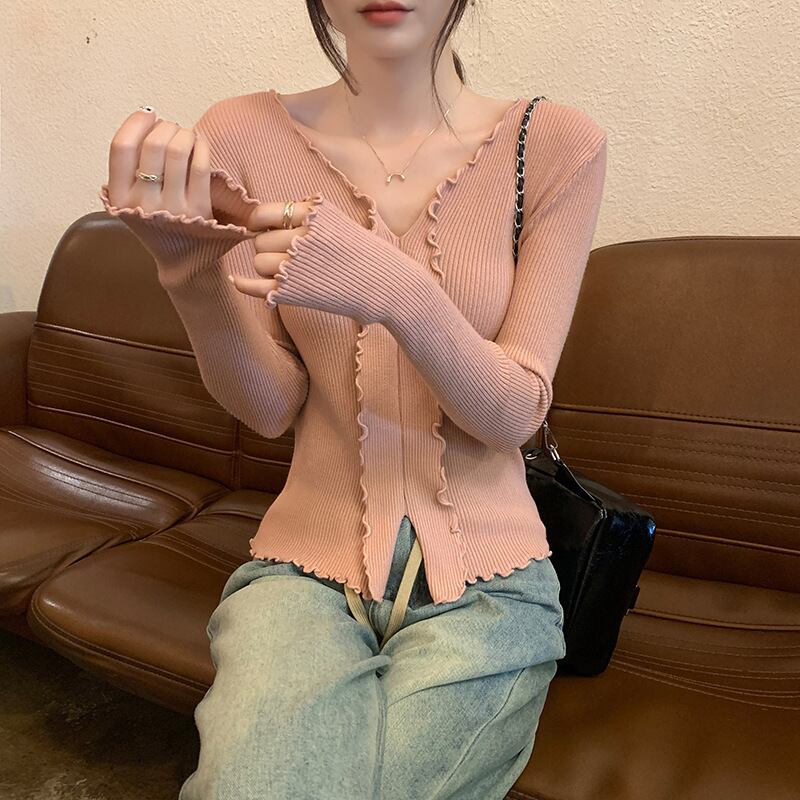 【tops】Vネックフリルニットトップス　M18839