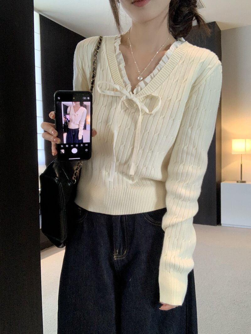 【tops】Vネックリボン付きニットトップス　M27739