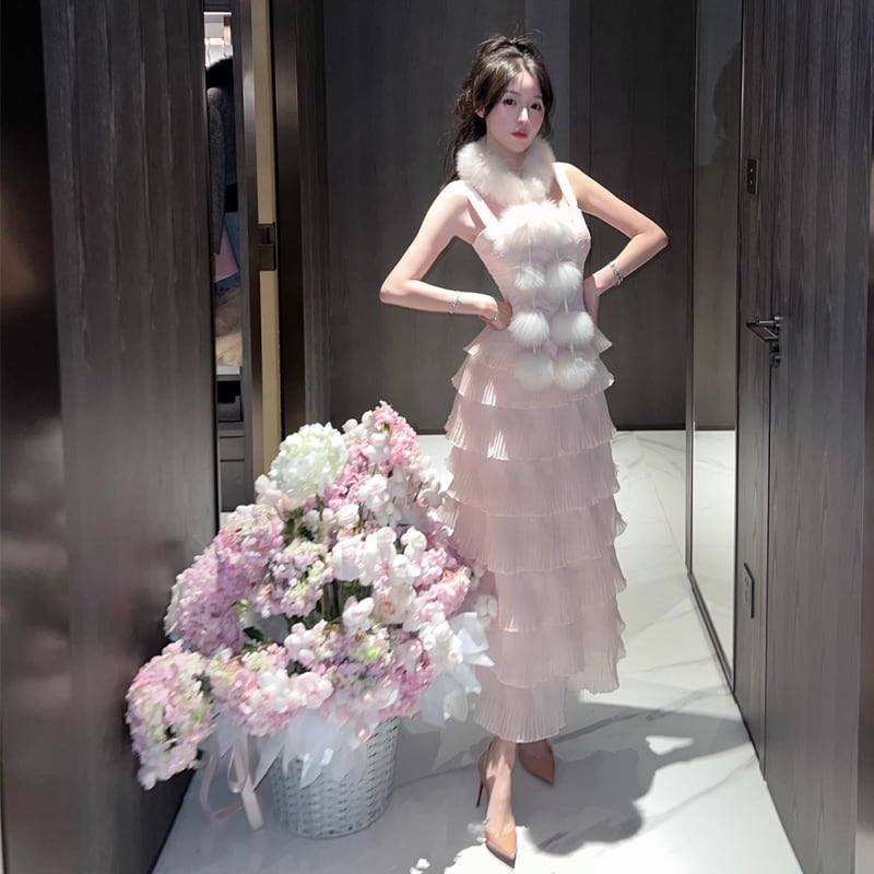 【dress】リボン付きティアードキャミワンピース Q7679