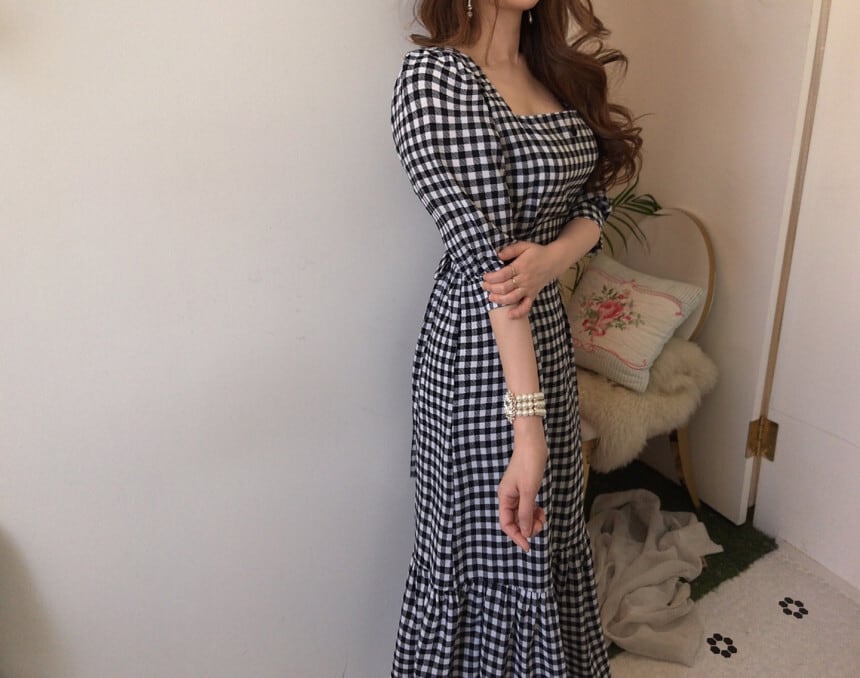 【dress】優しい雰囲気気質満点レトロスクエアネック着痩せ5分袖チェック柄ワンピース G1641