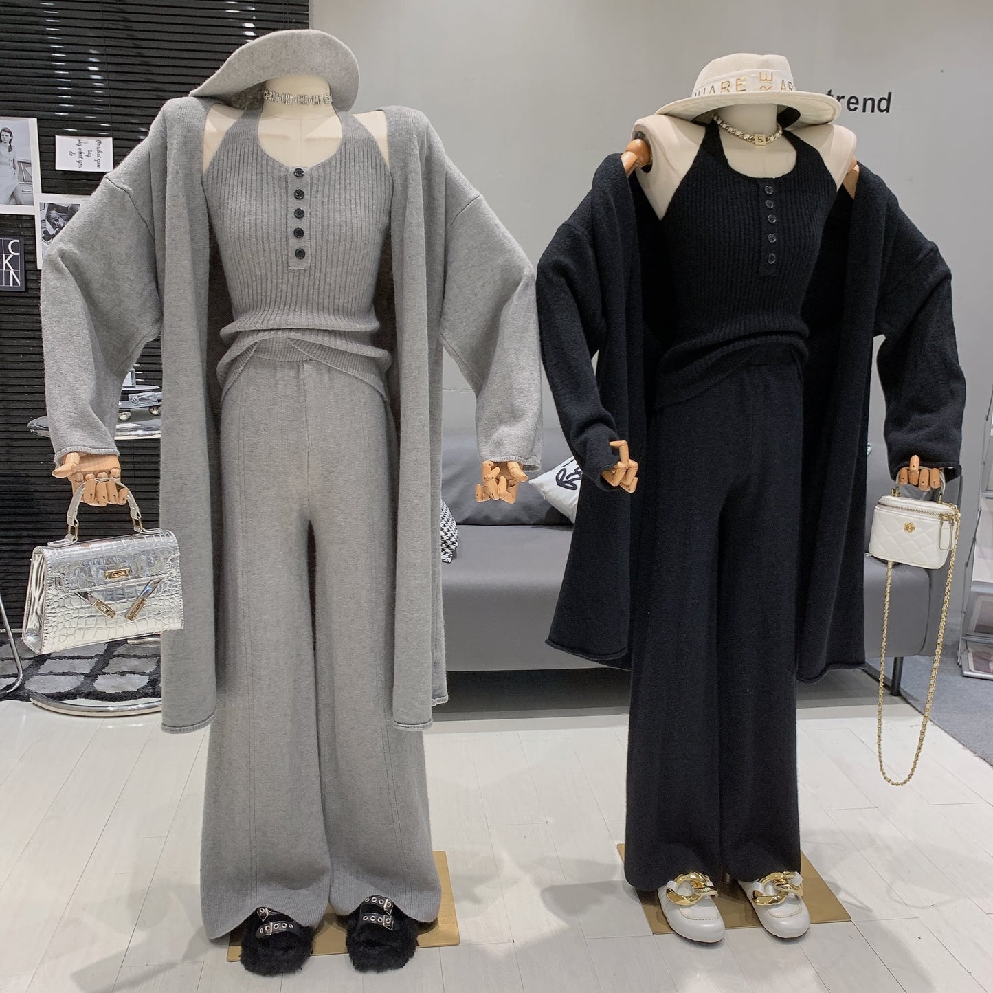 【set】ホルターネックトップス×ロングカーディガン×ワイドパンツ3点セット　N2766