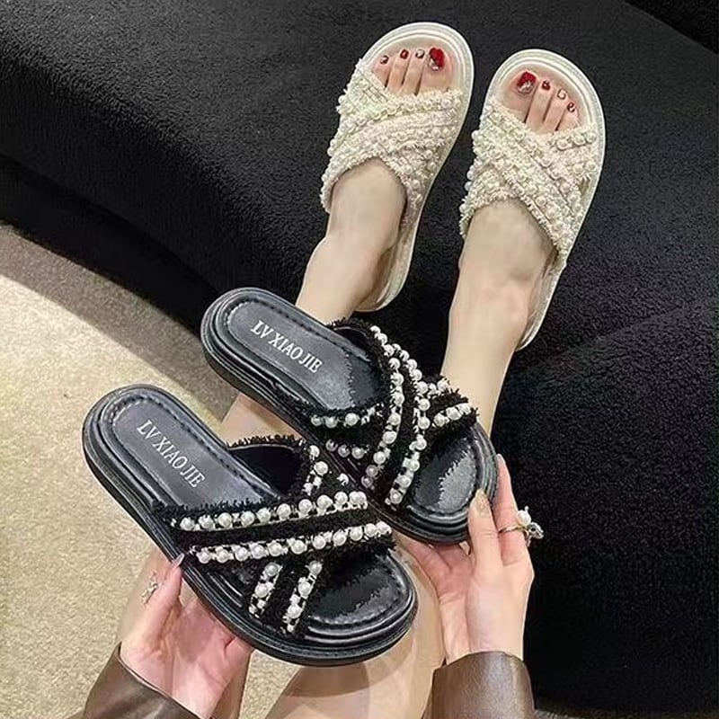 【Shoes】パール付きサンダル Q8427