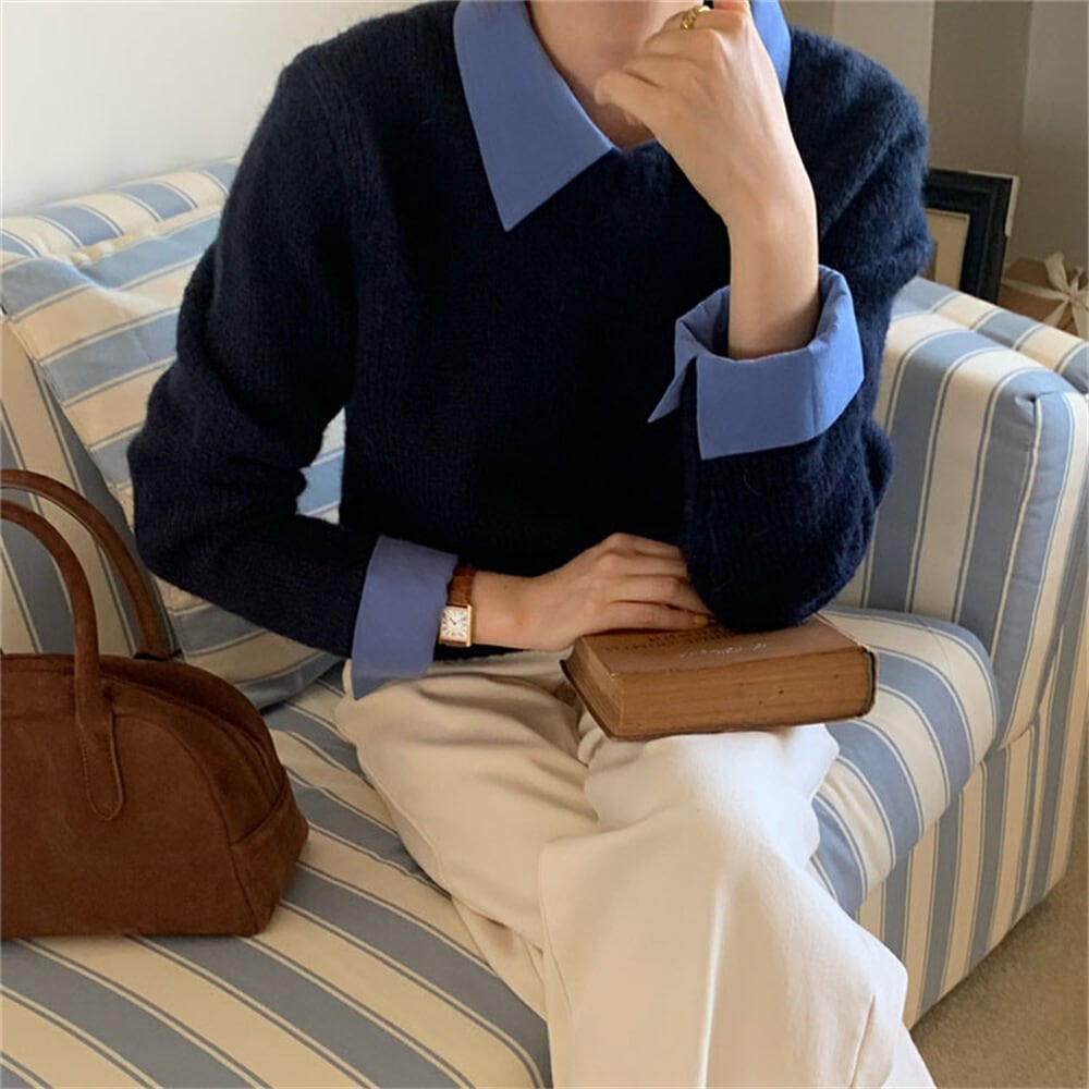 【tops】シャツ切り替えニットセーター　M25973