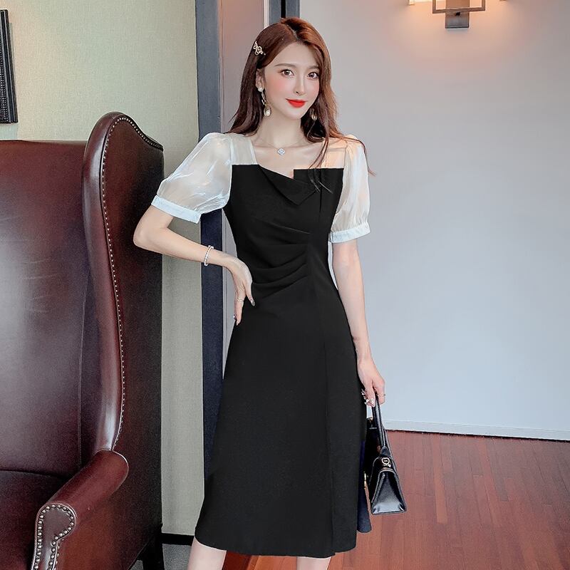 【dress】魅力的 気質満点レトロスウィートスリットパフスリーブスクエアネックワンピース