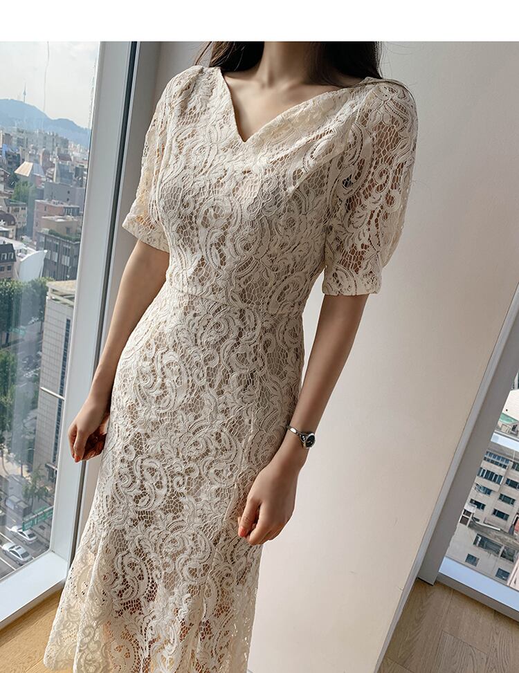 【dress】韓国ファッションVネック半袖レース体型カバー気質淑女マーメイドワンピースF0293