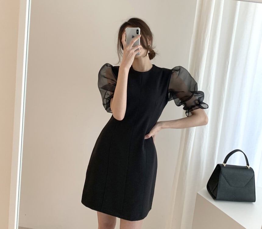 【dress】チュールスリーブ切り替えワンピース　M23986