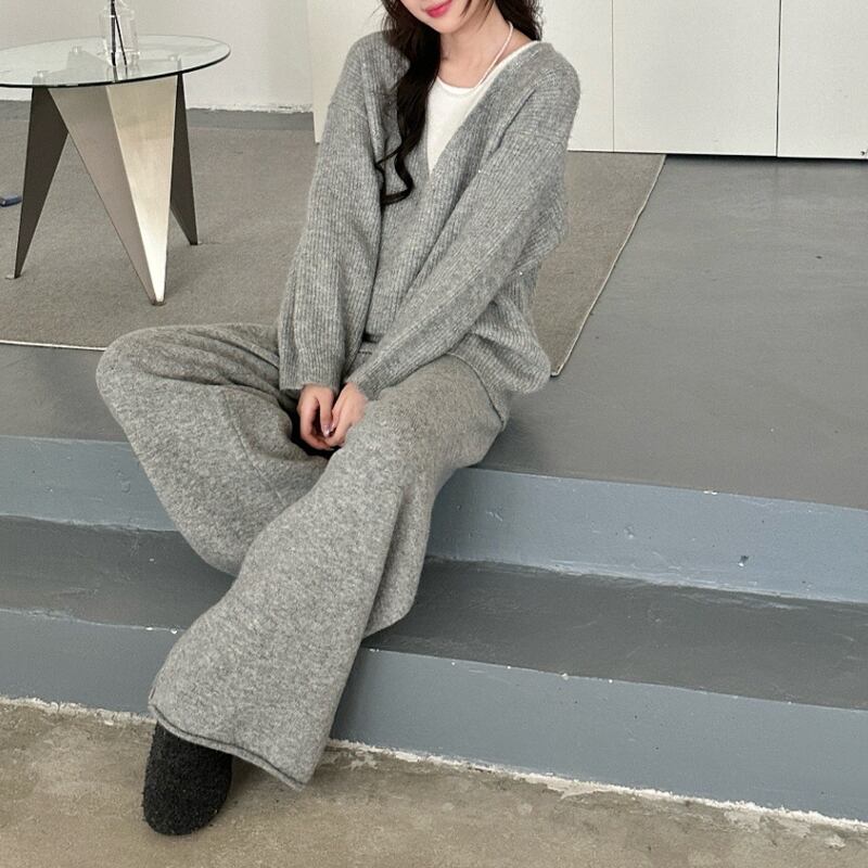 【set】フェイクレイヤードニットトップス×ワイドパンツセット Q7247