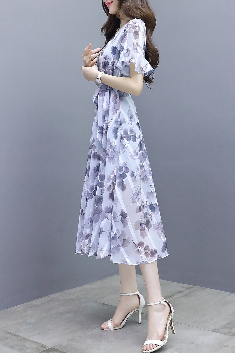 【dress】一目惚れ！Vネックフレアスリーブギャザー花柄ワンピースF0298