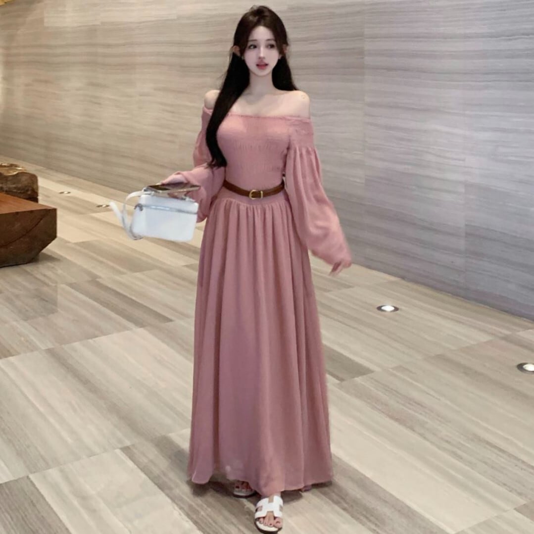 【dress】ボートネックワンピースベルト付き　M24667