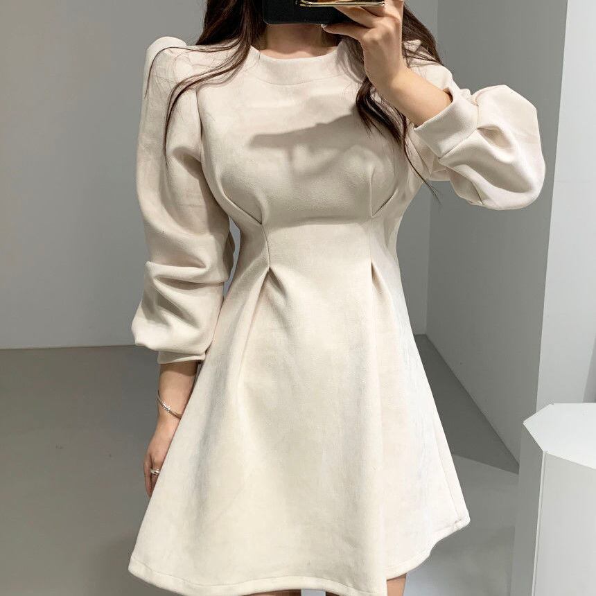 【dress】オシャレ度満点〜2色長袖ラウンドネックAライン韓国ファッション無地秋冬新作ワンピースF0786