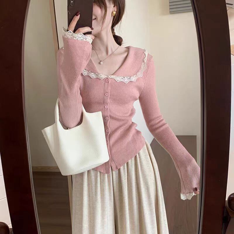 【tops】レース切り替えニットカーデ　M27552