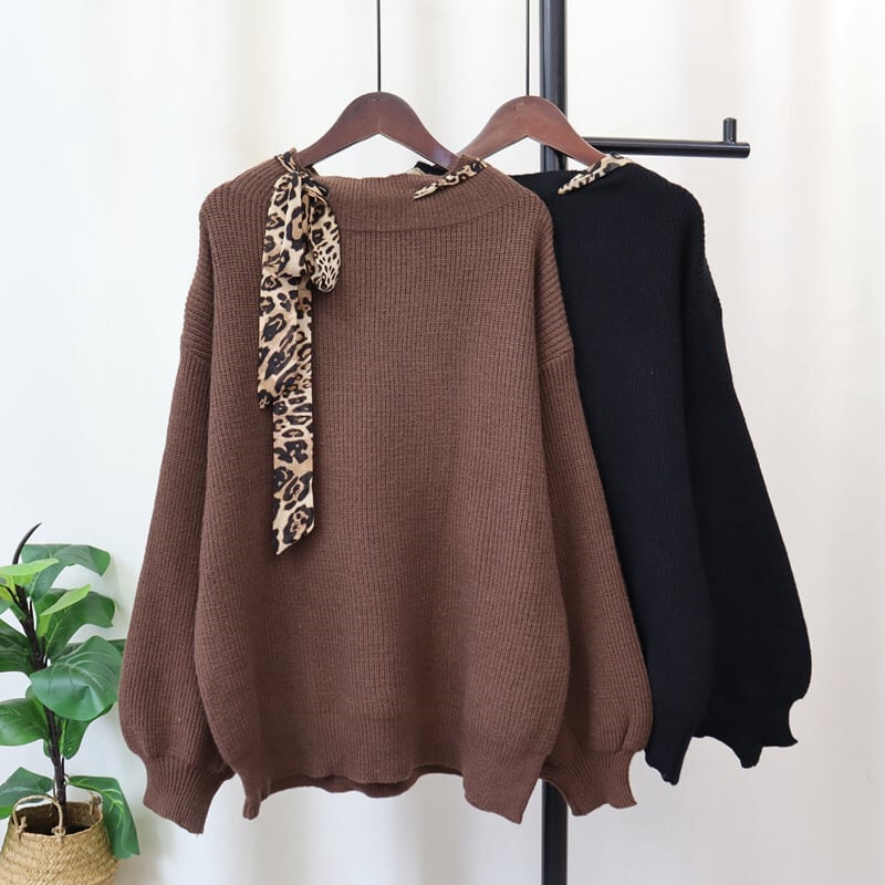 【tops】ヒョウ柄ボウタイニットトップス　M26760