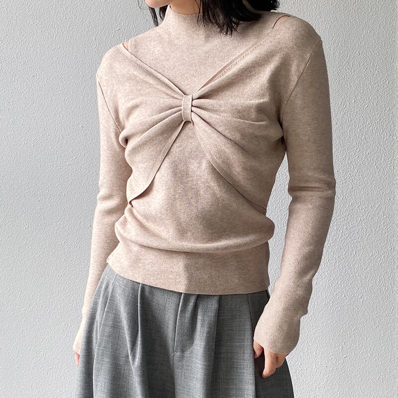 【tops】リボンフェイクレイヤードニットトップス Q7240
