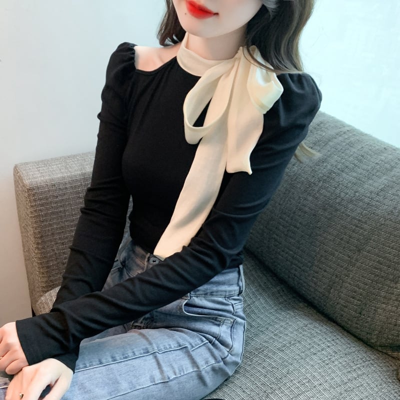 【tops】リボン付きオフショルダートップス　M29380