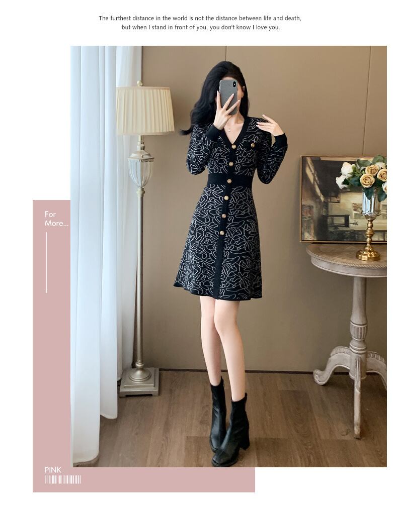 【dress】ジャカードVネックニットワンピース　M27683
