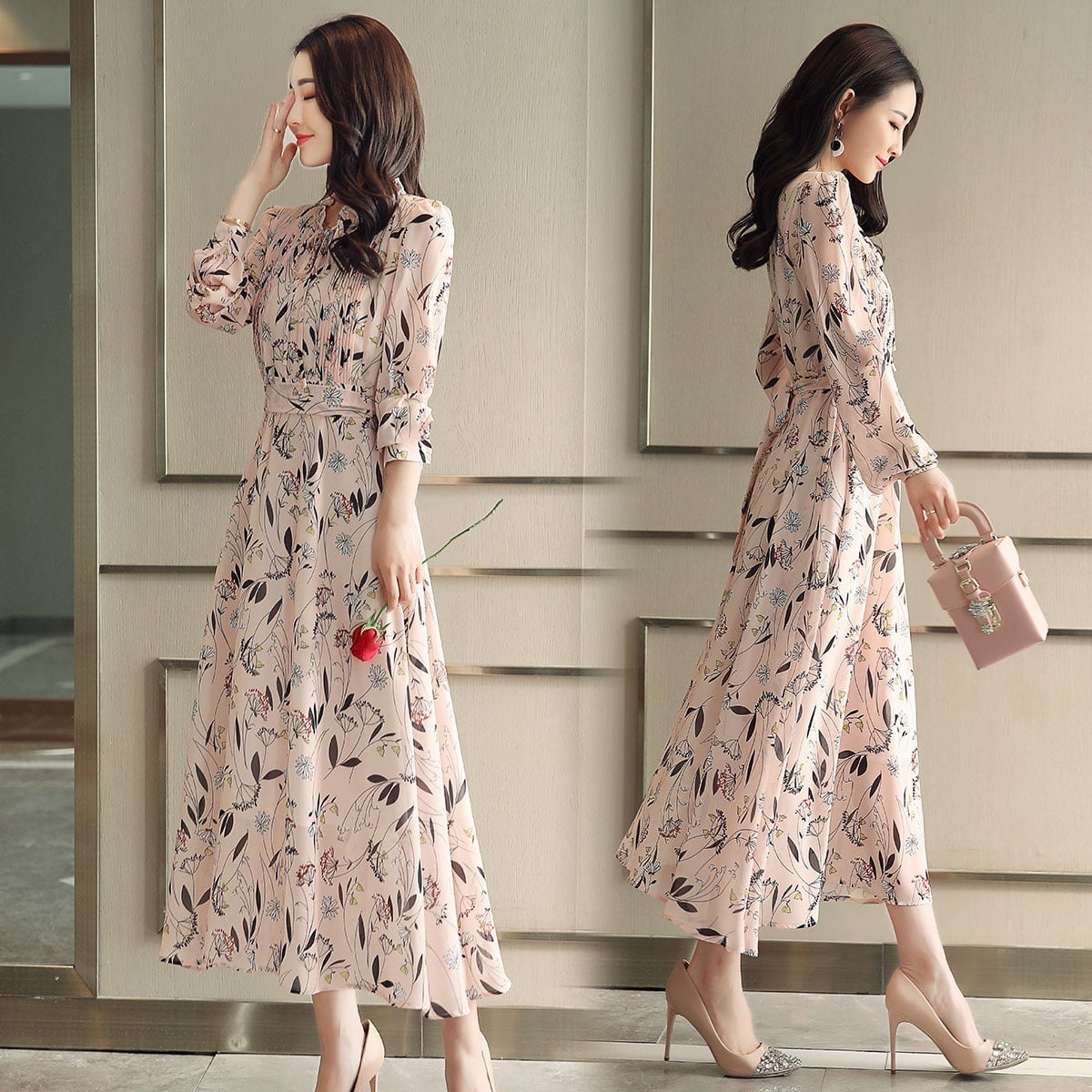 【dress】好感度UP!気質満点レトロ春秋 韓国系シフォン花柄ワンピース G1822