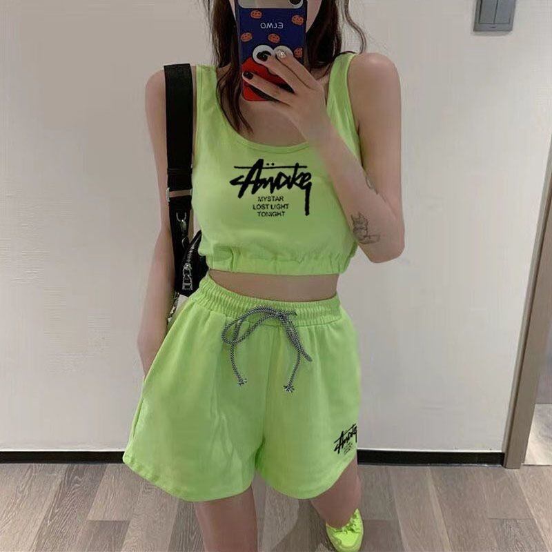 【set】英字柄配色タンクトップ+ショートパンツ2点セットF7337