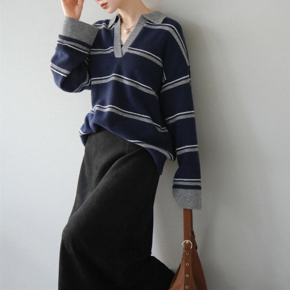 【tops】Ⅴネックボーダー柄ニットトップス N3430