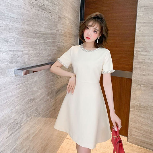 【dress】美人度アップラウンドネック半袖ビーズ飾り無地韓国ファッションワンピースF5030