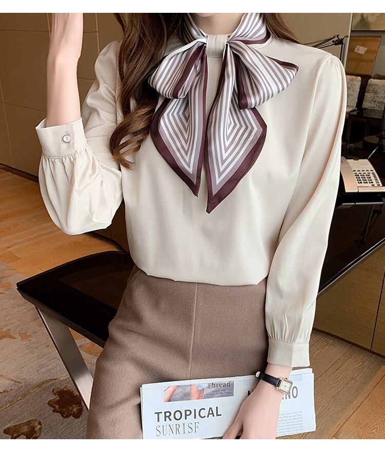 【tops】オシャレ度満点〜2色タイカラー長袖韓国風配色おしゃれ着回しブラウスF1765