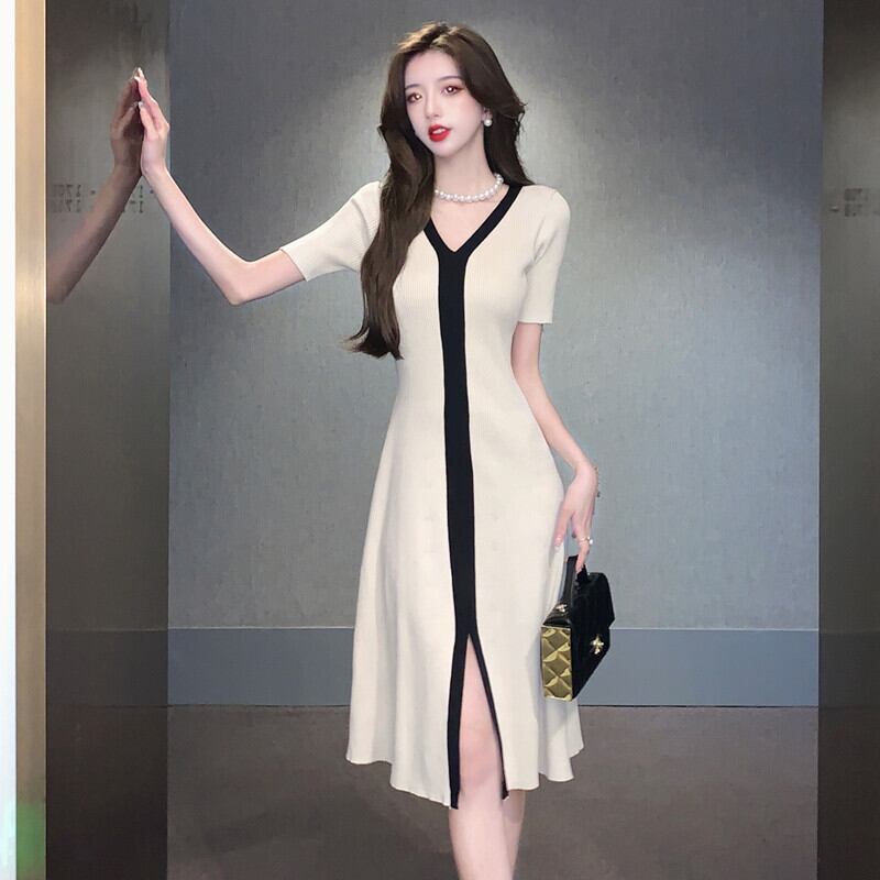 【dress】人気を獲得Vネック気質満点夏淑女レディース 体型カバー着痩せニットワンピース G8122