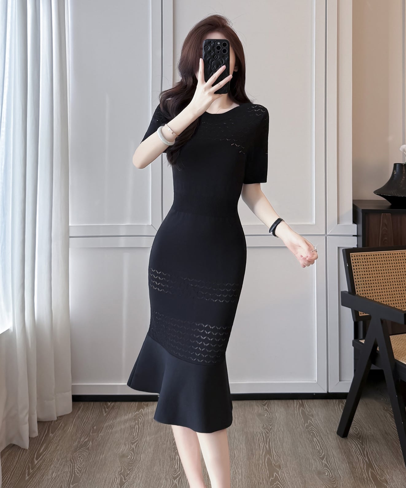 【dress】半袖ニットマーメイドワンピース Q8494