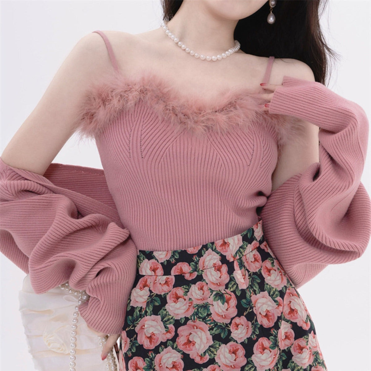 【tops】フェイクファーキャミソール×カーディガンセット　N2128