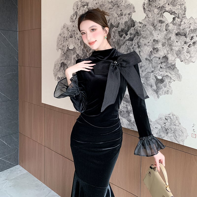 【dress】リボン付きベルベットワンピース Q7513
