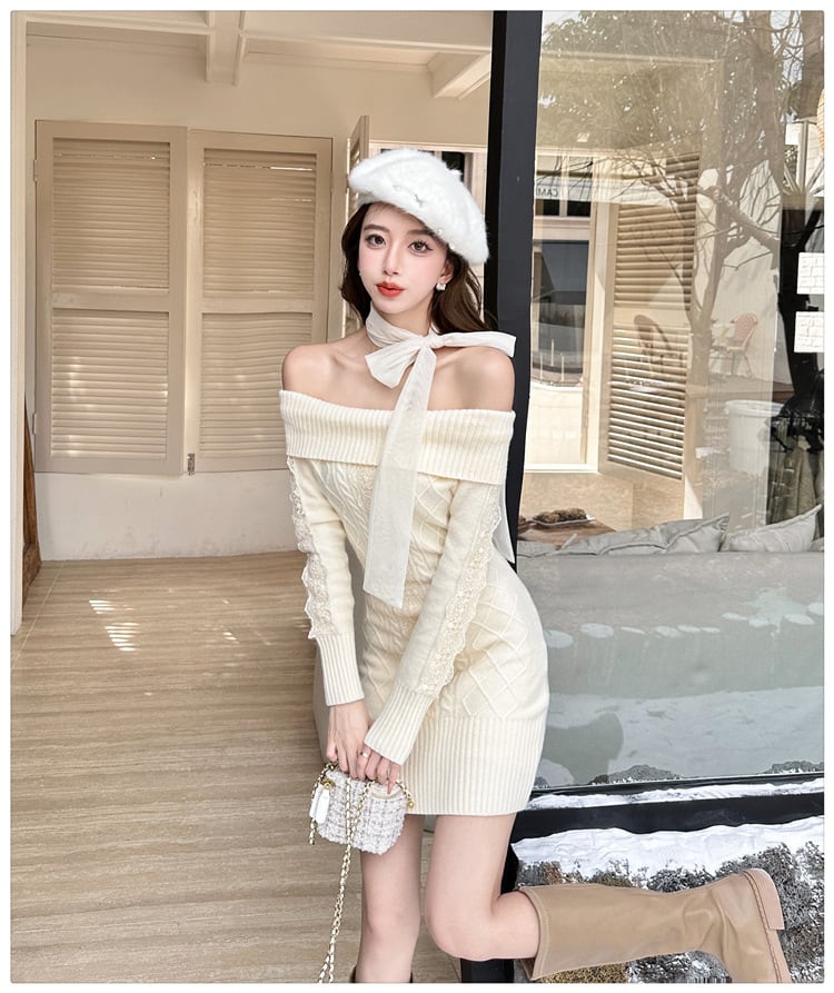 【dress】リボンオフショルニットワンピース　N2855