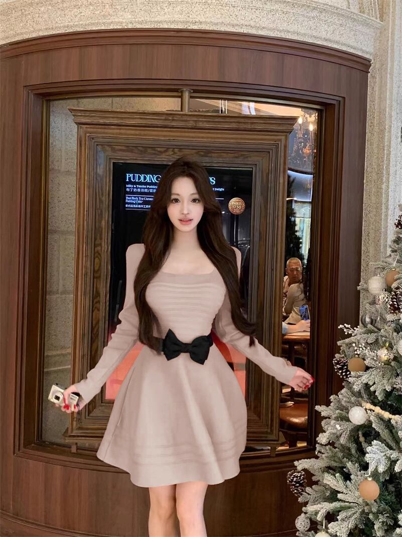 【dress】リボンベルト付きニットワンピース Q7343