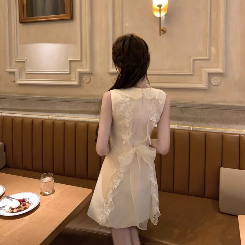 【dress】バックリボンレースドッキングミニワンピース Q8390