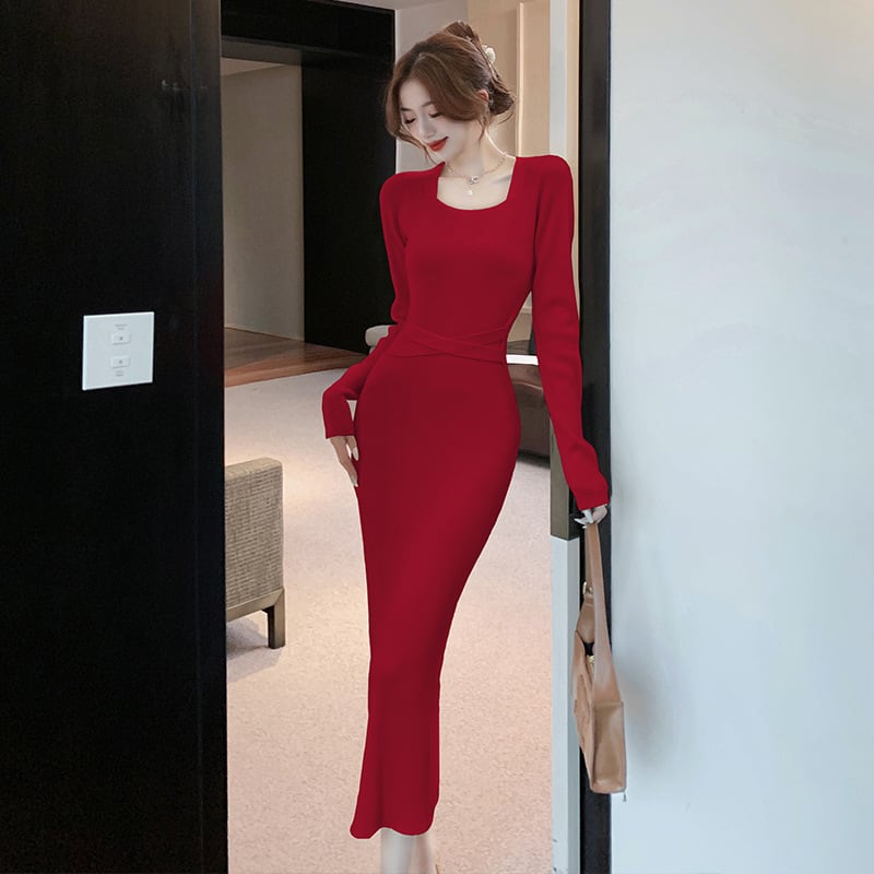 【dress】スクエアネックニットワンピース Q7577