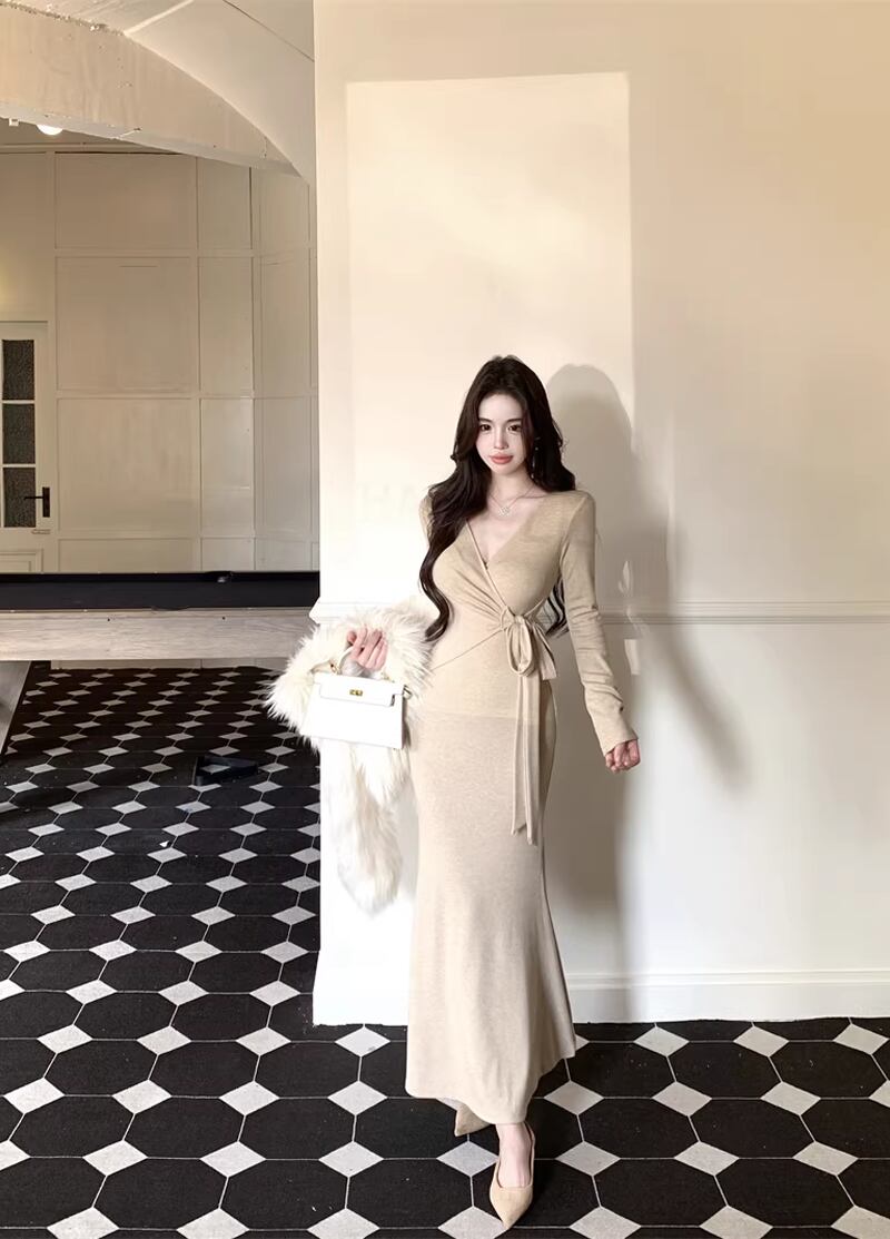 【dress】クロスネックロングニットワンピース Q8113