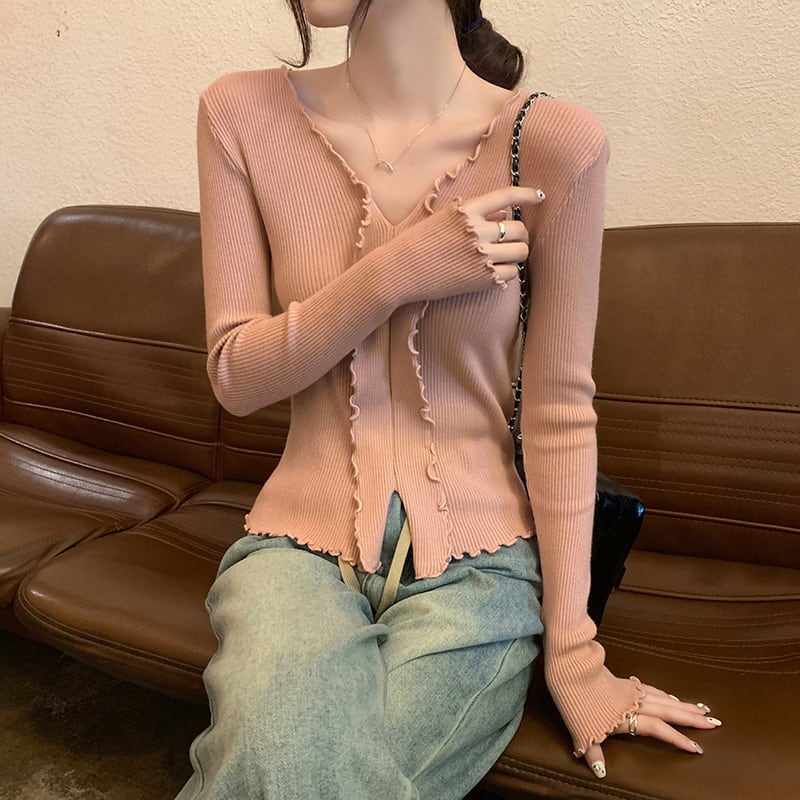 【tops】Vネックフリルニットトップス　M18839