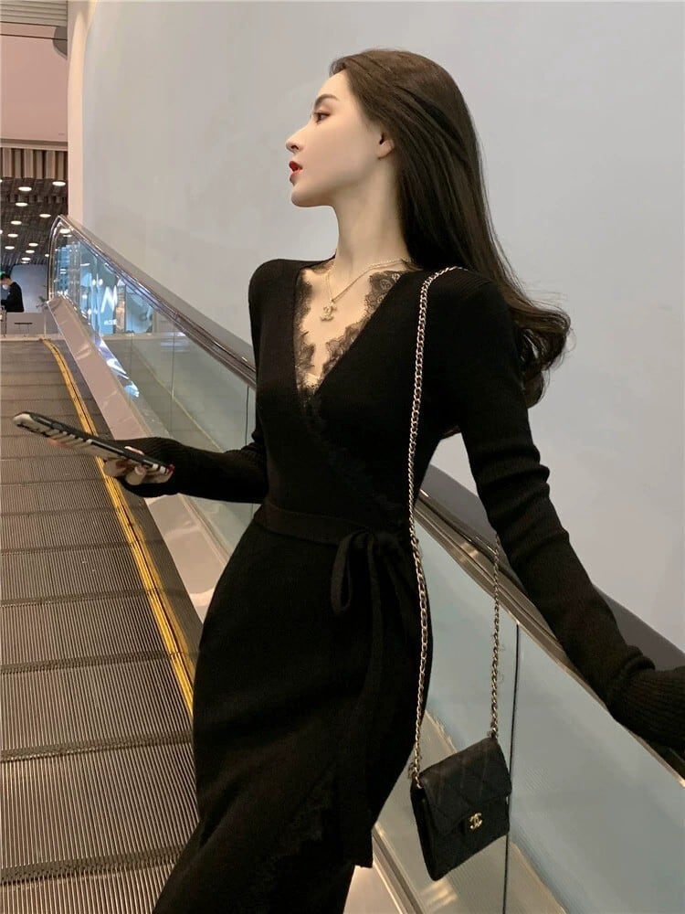 【dress】Vネックニットワンピース　M26380