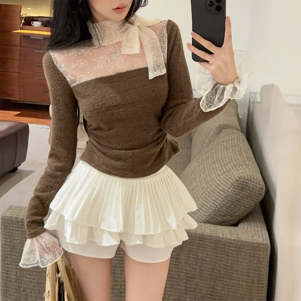【tops】レースドッキングニットトップス　N2909