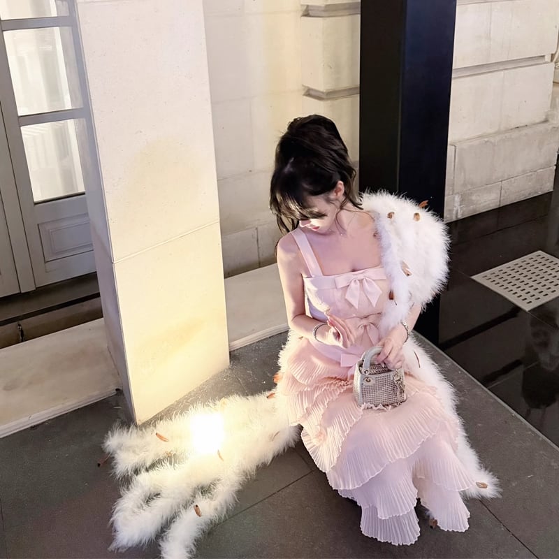 【dress】リボン付きティアードキャミワンピース Q7679
