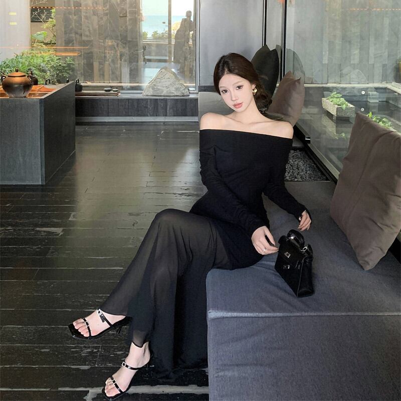 【dress】チュールコンビボートネックマーメイドワンピース　M29764