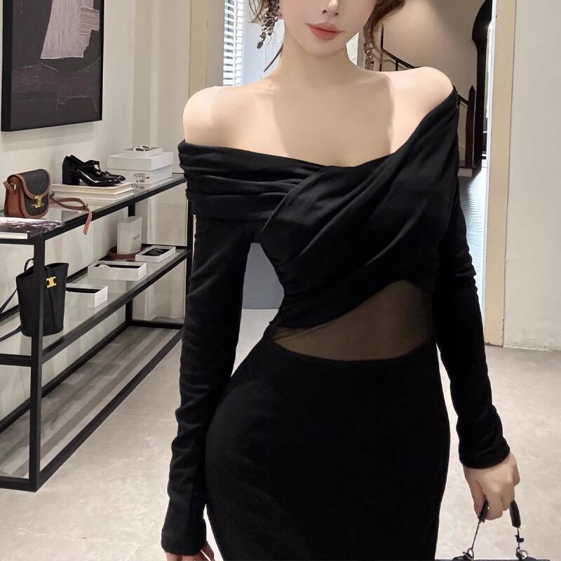【dress】オフショルチュールドッキングワンピース Q7418