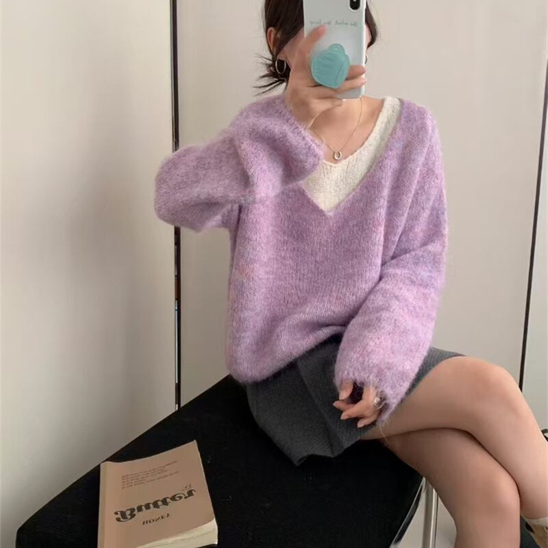 【tops】フェイクレイヤードニットトップス Q7072