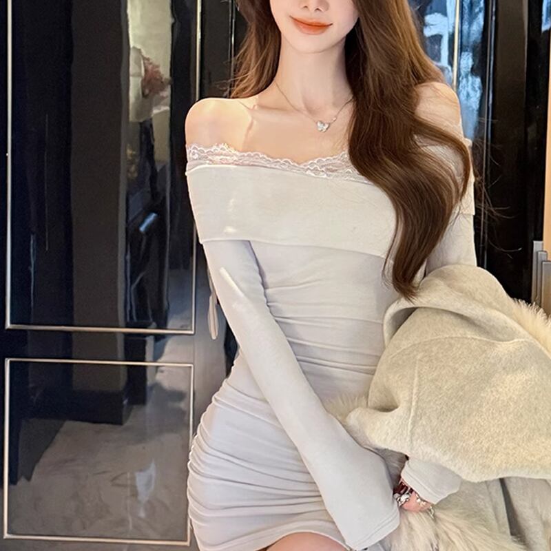 【dress】オフショルダーレースドッキングワンピース Q7555