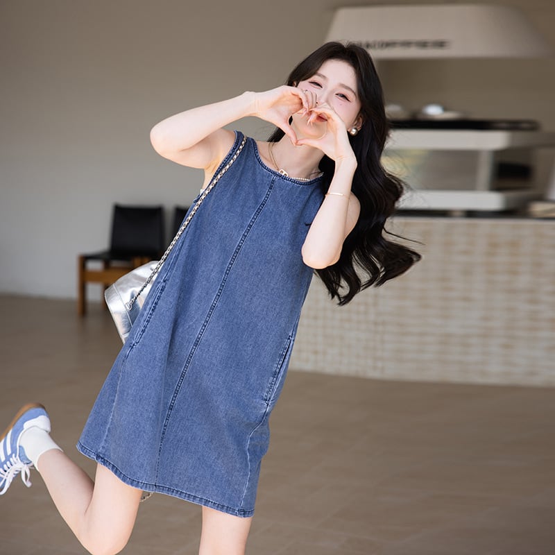 【dress】ノースリーブデニムワンピース Q8420