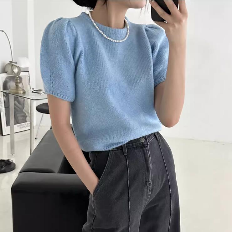 【tops】半袖パフ袖ニットＴシャツF7427