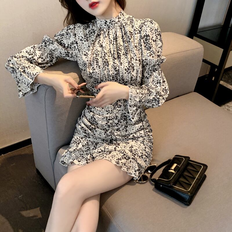 【dress】気質満点 レトロスタンドネックタイト不規則花柄ワンピース G1631