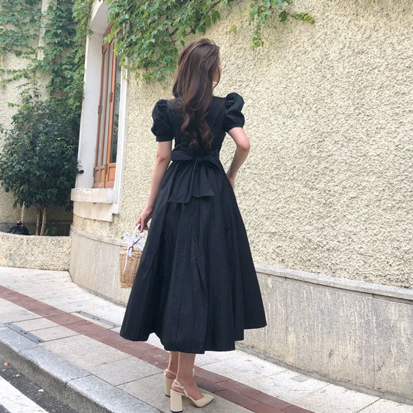 【dress】一目惚れ！ラウンドネック半袖パフ袖体型カバーファッション無地ワンピースF0627