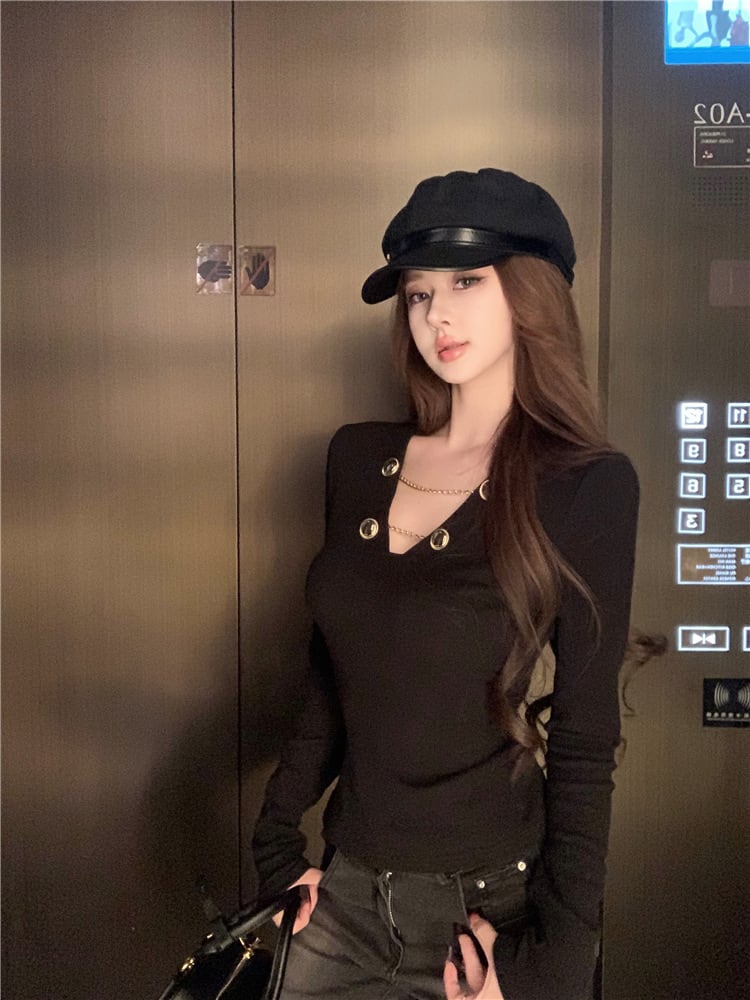 【tops】Vネック長袖Tシャツ　M28586