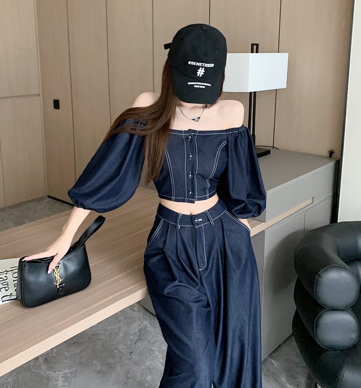 【set】オフネック半袖パフ袖ブラウス+無地ガウチョパンツ2点セットF5313