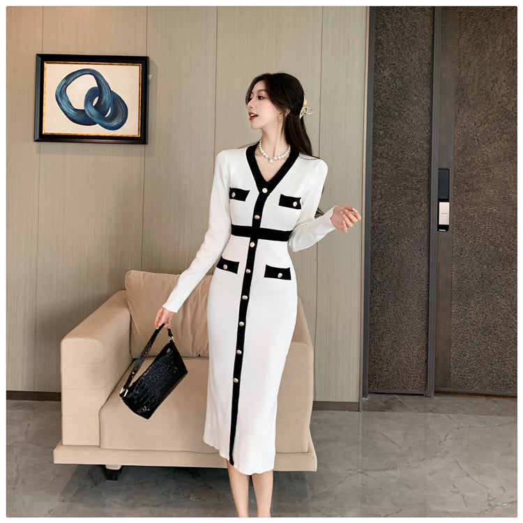 【dress】VネックタイトニットワンピースG23308