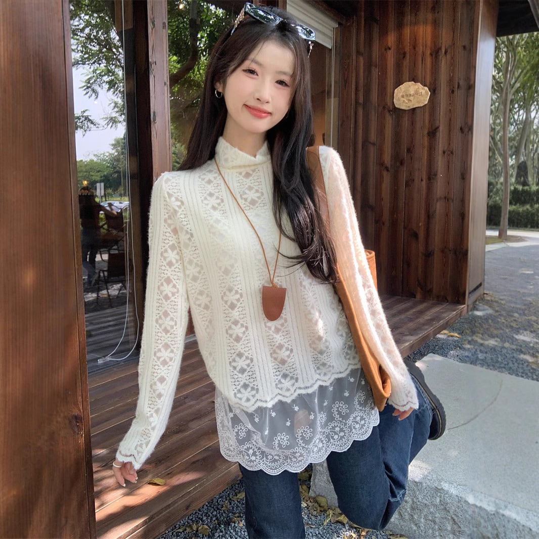 【tops】レース切り替ニットトップス　M27202