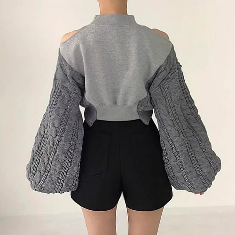 【tops】ニット切り替えオフショルダープルオーバー　M26064